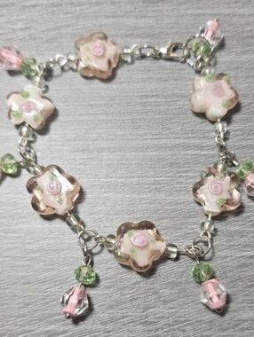 Handmade Pink Floral Glass Bracelet
